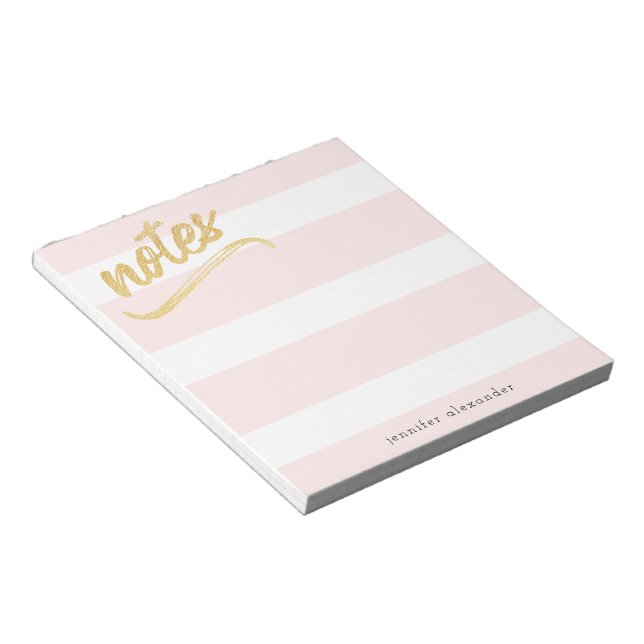 Gold Faux Foil Blush Pink Stripes and Name Notepad (Angled)