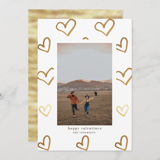 gold faux foil doodle hearts valentines photo card (Front/Back)