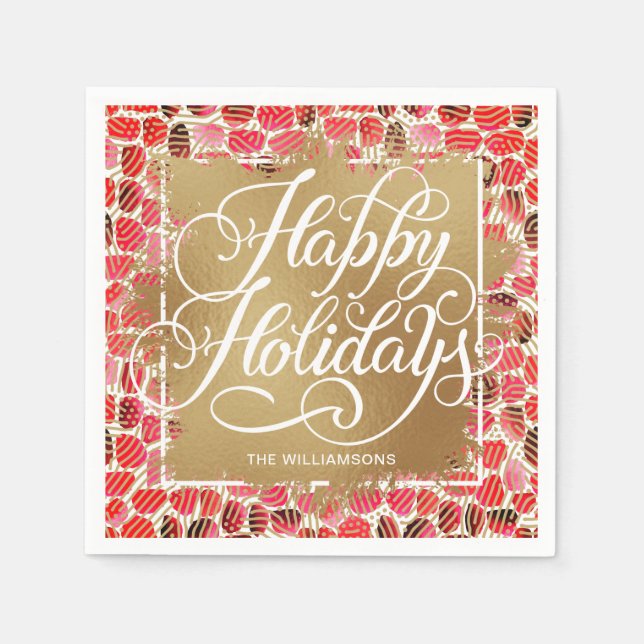 Gold Faux Foil Happy Holidays Berry Napkin (Front)