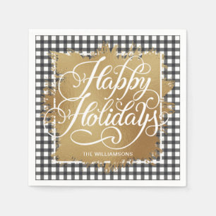 Gold Faux Foil Happy Holidays Black Check Napkin