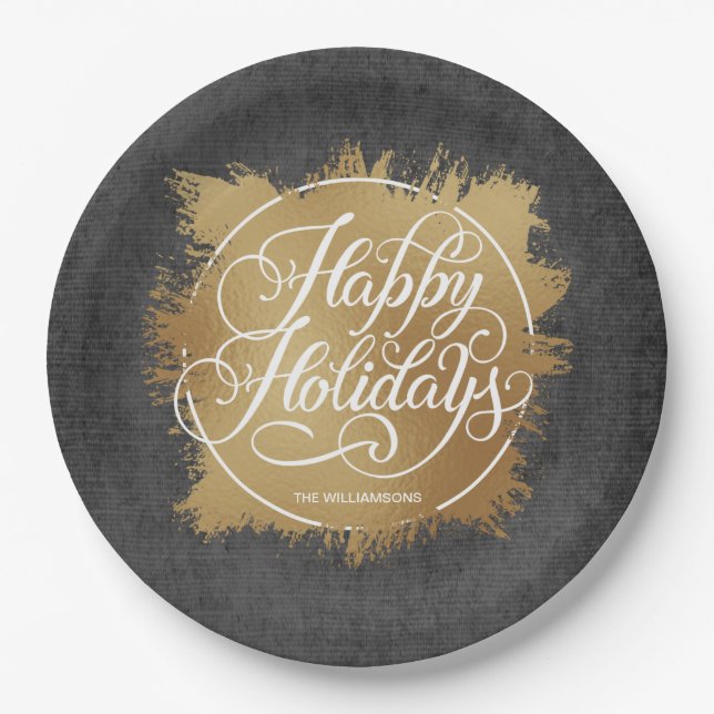 Gold Faux Foil Happy Holidays Black Paper Plate (Front)