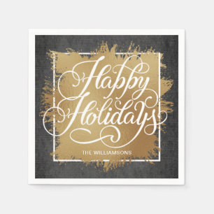 Gold Faux Foil Happy Holidays Black Pattern Napkin