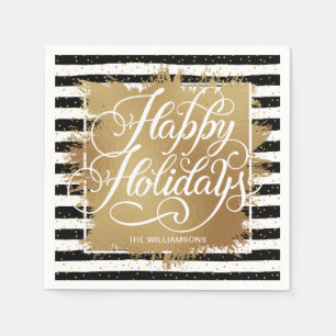 Gold Faux Foil Happy Holidays Black White Stripes  Napkin