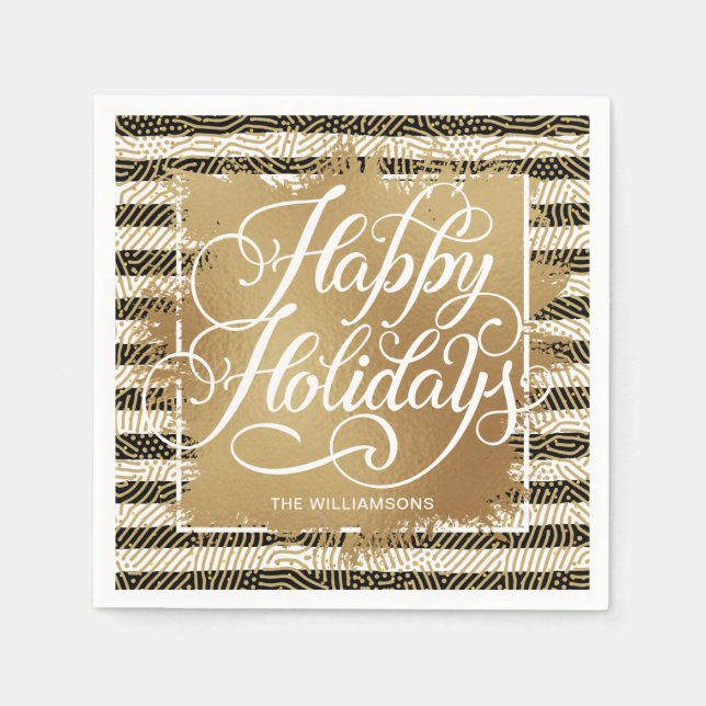 Gold Faux Foil Happy Holidays Black White Stripes Napkin (Front)