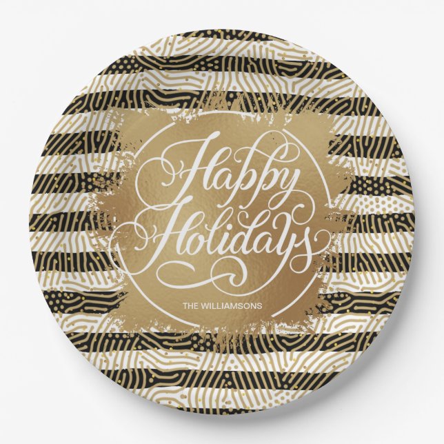 Gold Faux Foil Happy Holidays Black White Stripes Paper Plate (Front)