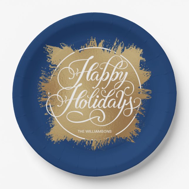 Gold Faux Foil Happy Holidays Blue Paper Plate (Front)