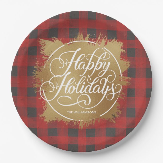 Gold Faux Foil Happy Holidays Buffalo Plaid Paper Plate (Front)