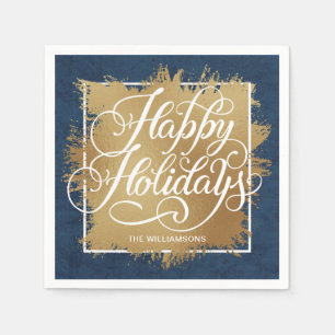 Gold Faux Foil Happy Holidays Denim Blue Napkin