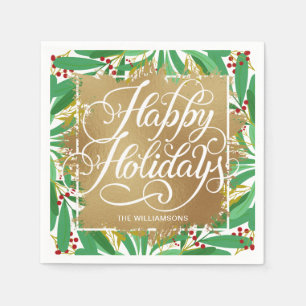 Gold Faux Foil Happy Holidays Greenery Berries Napkin