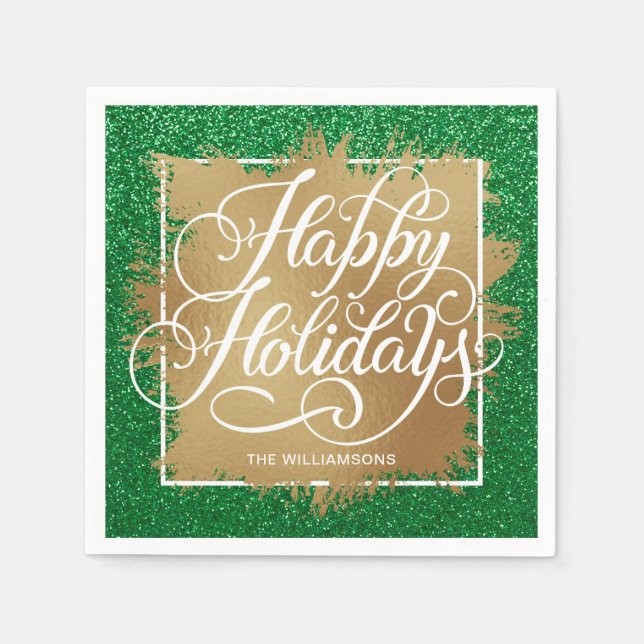 Gold Faux Foil Happy Holidays on Green Glitter Napkin (Front)