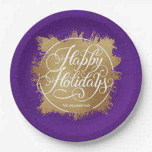 Gold Faux Foil Happy Holidays Purple Paper Plate