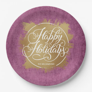 Gold Faux Foil Happy Holidays Purple Paper Plate