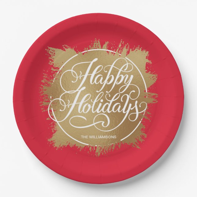 Gold Faux Foil Happy Holidays Red Paper Plate (Front)