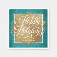 Gold Faux Foil Happy Holidays Turquoise Pattern