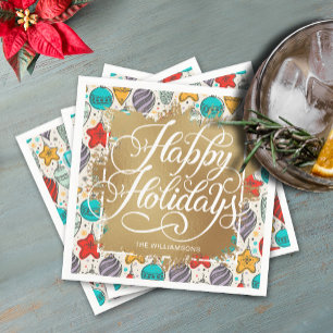 Gold Faux Foil Happy Holidays Vintage Ornaments Napkin
