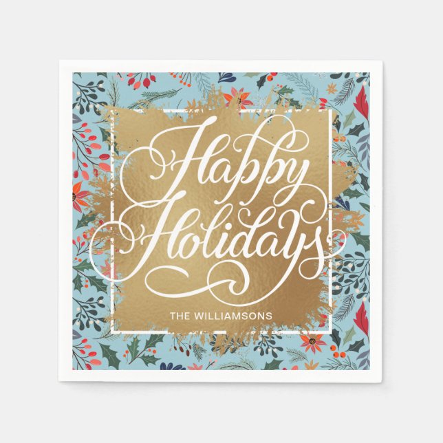 Gold Faux Foil Happy Holidays Winter Flowers Blue Napkin (Front)