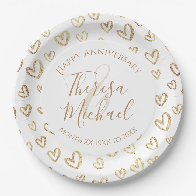 Gold Faux Foil Hearts Custom Saying Name Date Paper Plate (Front)