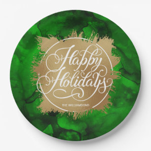 Gold Faux Foil Holiday Christmas Green Watercolor Paper Plate