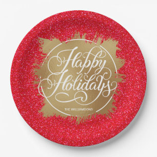 Gold Faux Foil Holiday Christmas Red Glitter Paper Plate