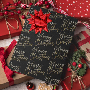 Gold Faux Foil Merry Christmas Black Wrapping Paper Sheet
