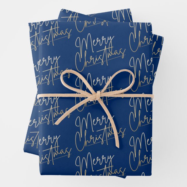 Gold Faux Foil Merry Christmas Blue Wrapping Paper Sheet (In situ)