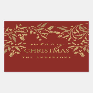 Gold Faux Foil Merry Christmas Holly Branches Rectangular Sticker