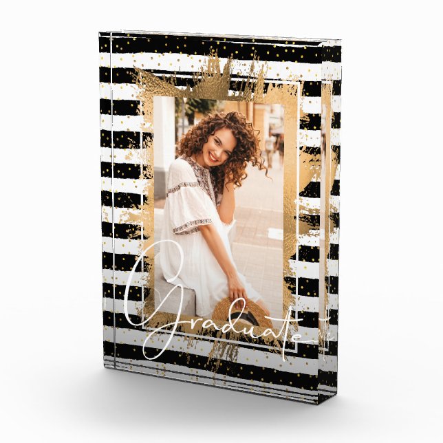 Gold Faux Foil on Black White Stripes Graduate Photo Block (Right)