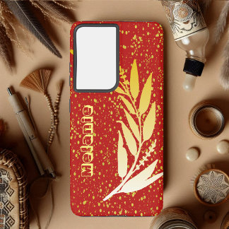 Gold Faux Foliage Glitter Custom Name Red Elegant Samsung Galaxy Case