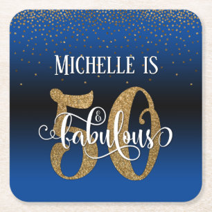 Gold Faux Glitter 50 & Fabulous Blue Ombre Square Paper Coaster
