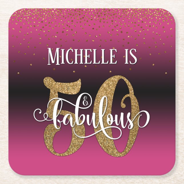Gold Faux Glitter 50 & Fabulous Pink Ombre Square Paper Coaster (Front)