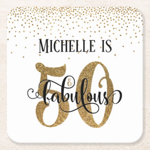 Gold Faux Glitter 50 & Fabulous White Birthday Square Paper Coaster