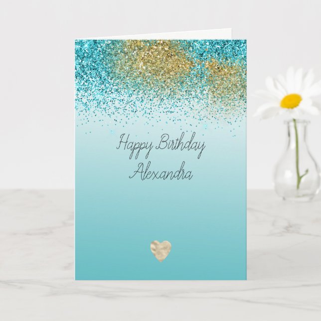 Gold Faux Glitter Aqua Heart Birthday Card (Small Plant)
