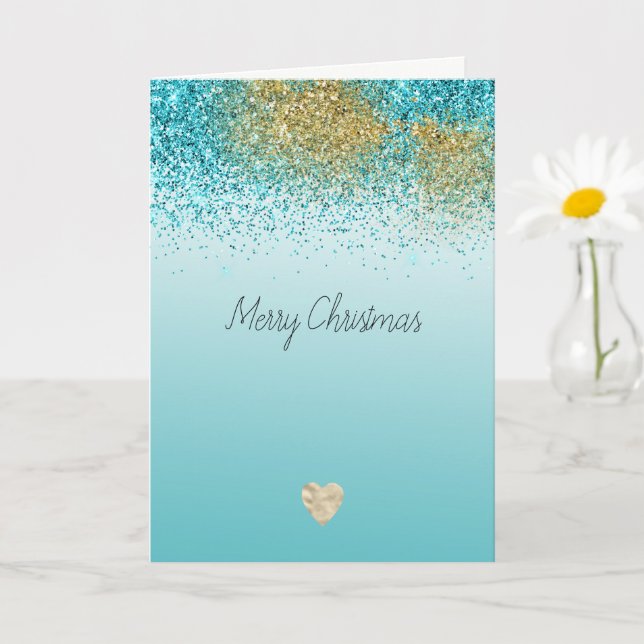 Gold Faux Glitter Aqua Heart Christmas Card (Small Plant)