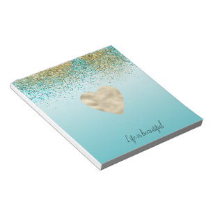Gold Faux Glitter Aqua Ombre Heart Notepad