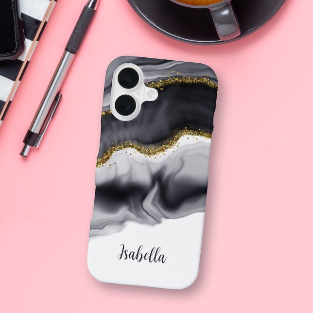 Gold Faux Glitter Black Personalised iPhone 16 Case (Creator Uploaded)