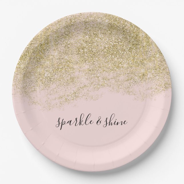 Gold Faux Glitter Blush Pink Sparkle Paper Plate (Front)