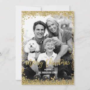 Gold Faux Glitter Border Christmas Holiday Photo Card