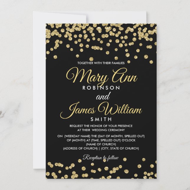 Gold Faux Glitter Confetti Elegant Wedding Black Invitation (Front)