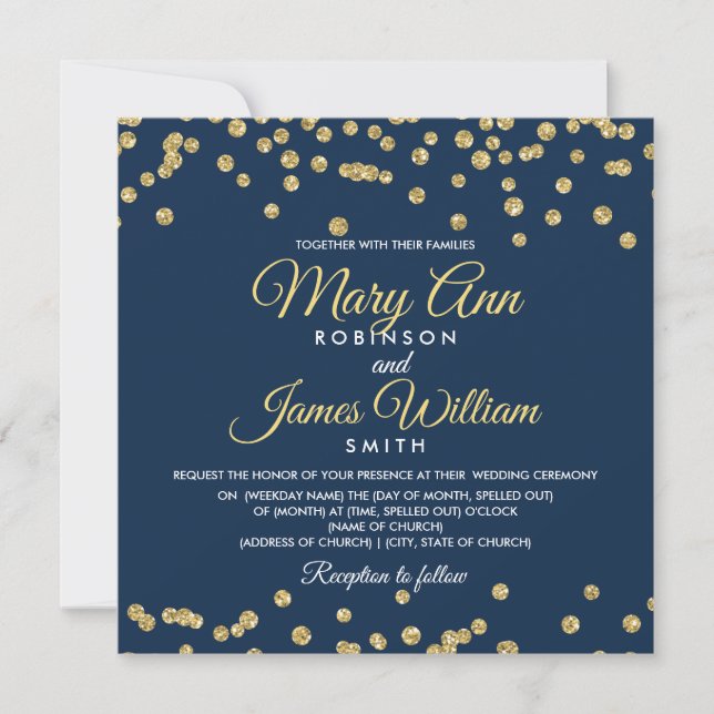 Gold Faux Glitter Confetti Elegant Wedding Navy Invitation (Front)