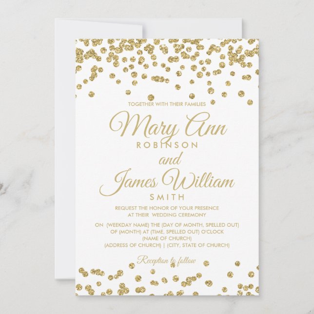 Gold Faux Glitter Confetti Elegant Wedding White Invitation (Front)