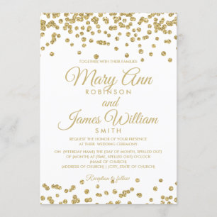 Gold Faux Glitter Confetti Elegant Wedding White Invitation