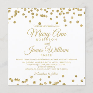Gold Faux Glitter Confetti Elegant Wedding White Invitation