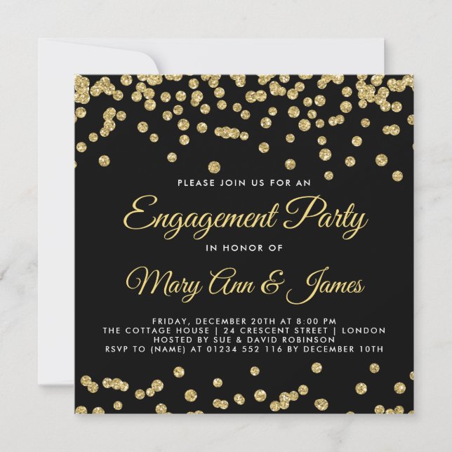 Gold Faux Glitter Confetti Engagement Party Black Invitation (Front)