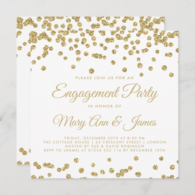 Gold Faux Glitter Confetti Engagement Party White Invitation (Front/Back)