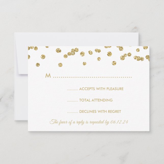 Gold Faux Glitter Confetti Wedding White RSVP (Front)