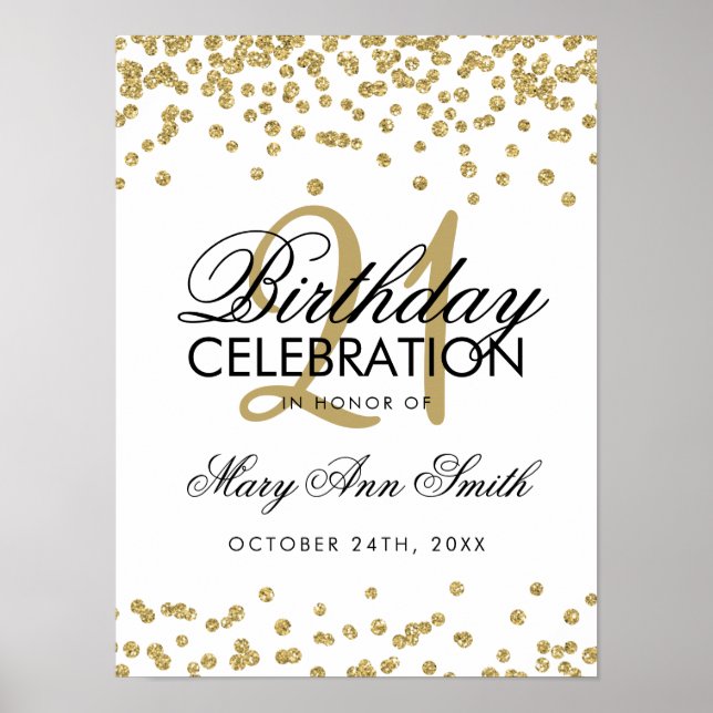 Gold Faux Glitter Confetti White 21st Birthday Poster (Front)