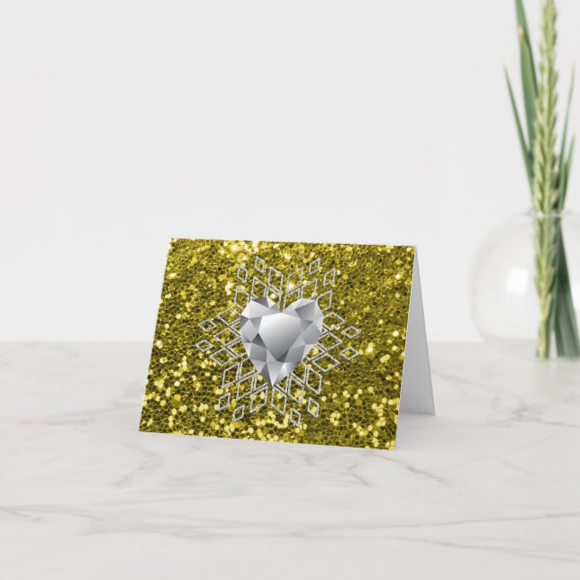 Gold Faux Glitter Diamond Heart Snowflake Holiday Card (Front)