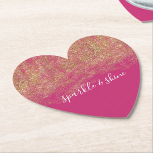 Gold Faux Glitter Girly Pink Sparkle Paper Coaster