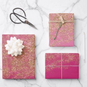 Gold Faux Glitter Girly Pink Sparkle Wrapping Paper Sheet