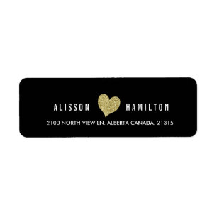 Gold Faux Glitter Heart on Black   Return Address Label